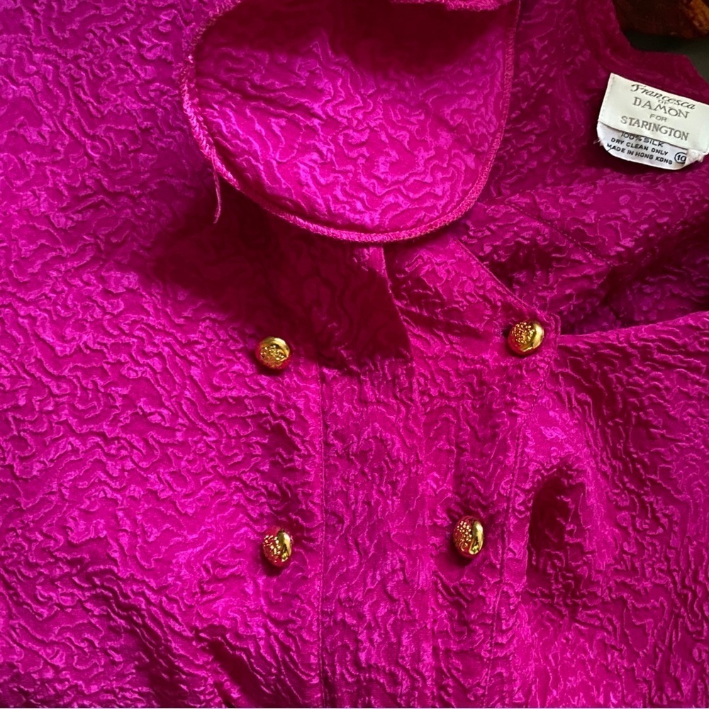 Vintage Silk Hot Pink Button-Up Statement Shoulder Barbiecore Long Sleeve Blouse - Picture 13 of 14